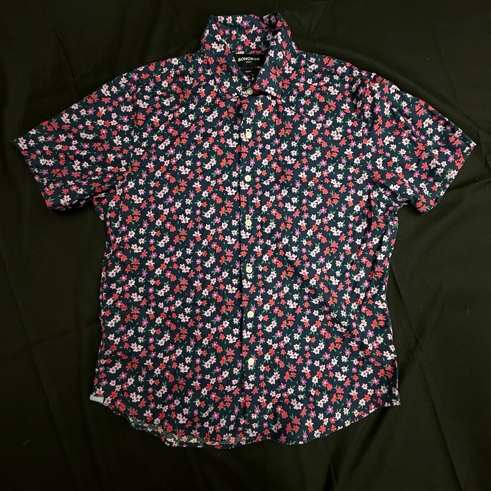 Bonobos Stretch Slim Fit Men's L Blue Pink Floral Short Sleeve Button-Up Shirt